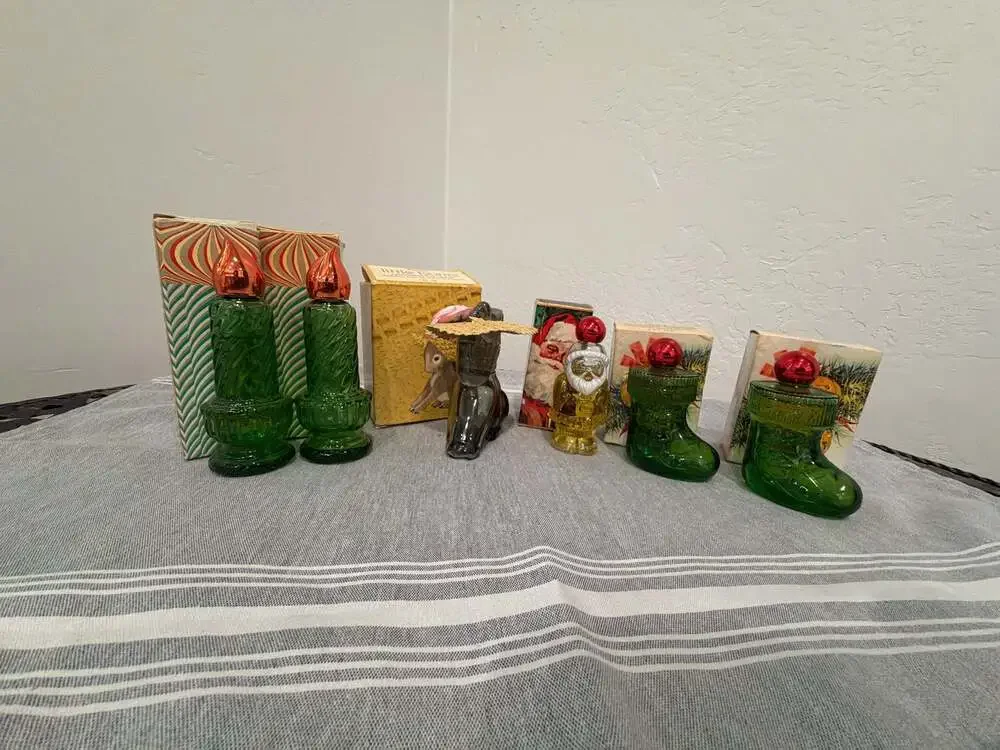 Collection of 6 Vintage Avon Christmas Cologne and Decorative Bottles with Origi
